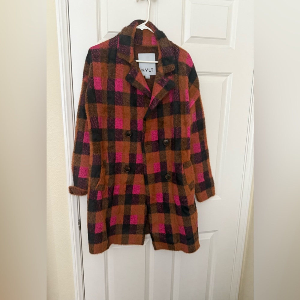 NVLT Women's Checked Long Coatigan Pink and Brown Plaid Extra small petite new